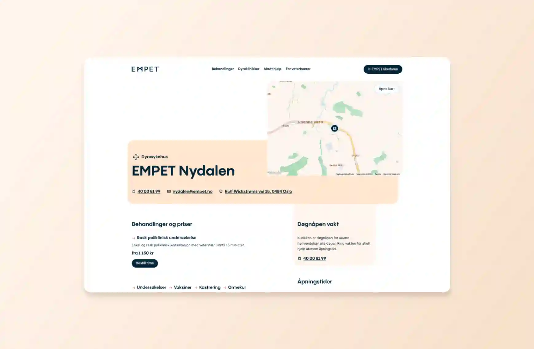 Skjermbilde av EMPET Nydalen dyreklinikk fra empet.no