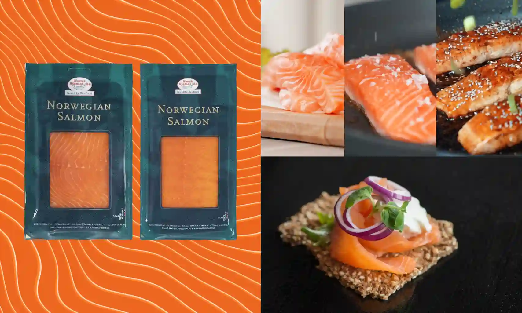 Bilde av etiketter fra noen av Norsk Sjømat sine produkter, samt mat laget med deres produkter.